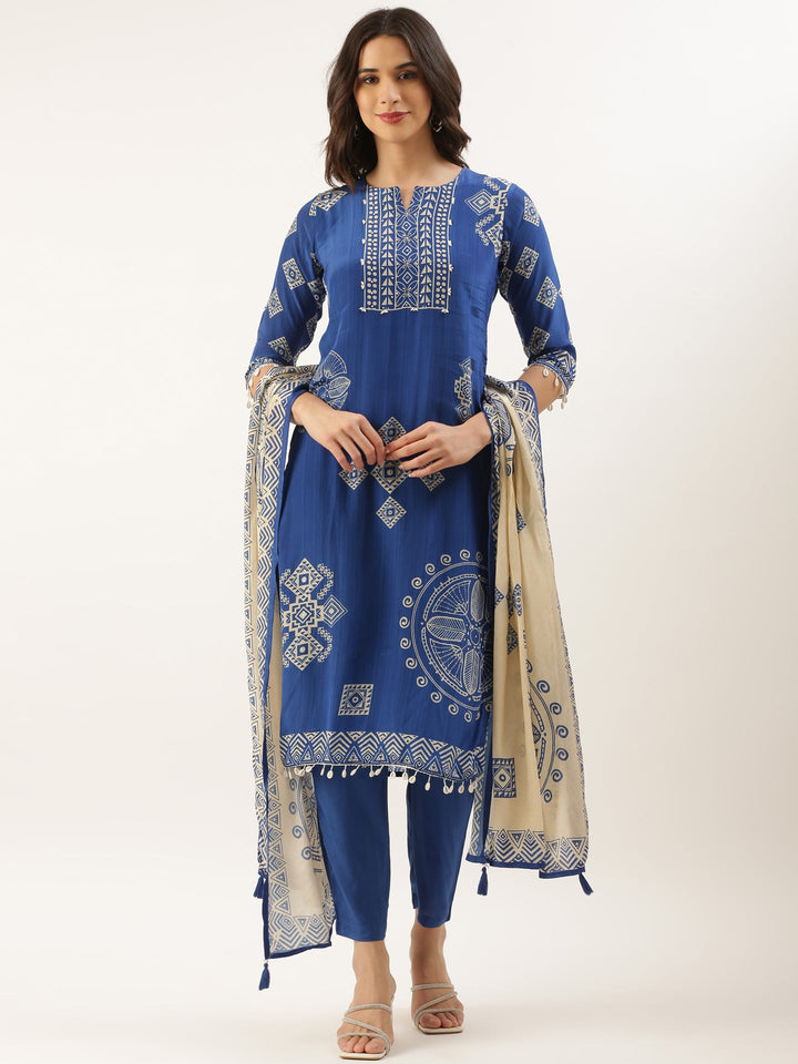 Blue Crepe Printed Three Piece Suit Set