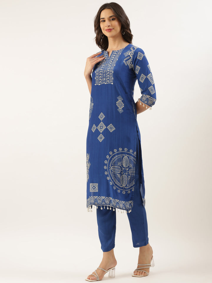 Blue Crepe Printed Three Piece Suit Set