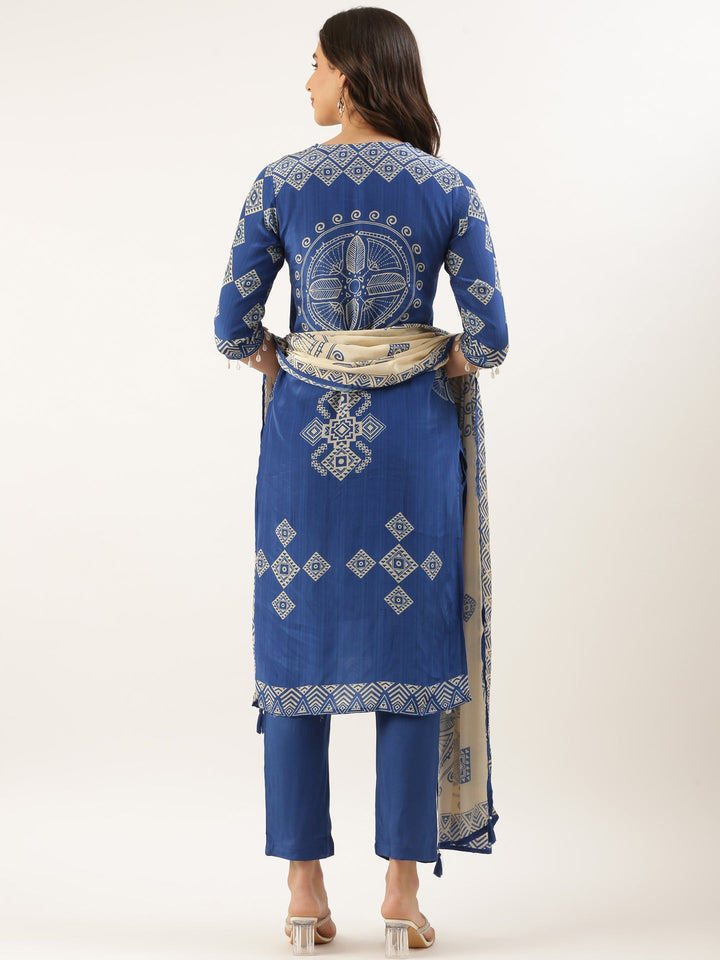 Blue Crepe Printed Three Piece Suit Set