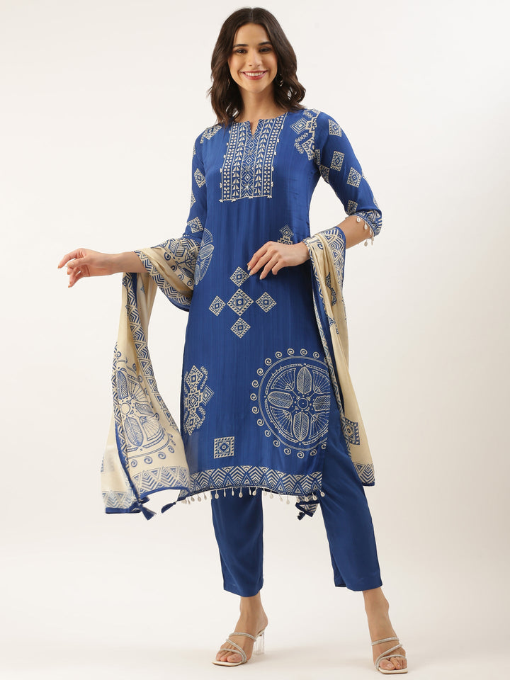Blue Crepe Printed Three Piece Suit Set