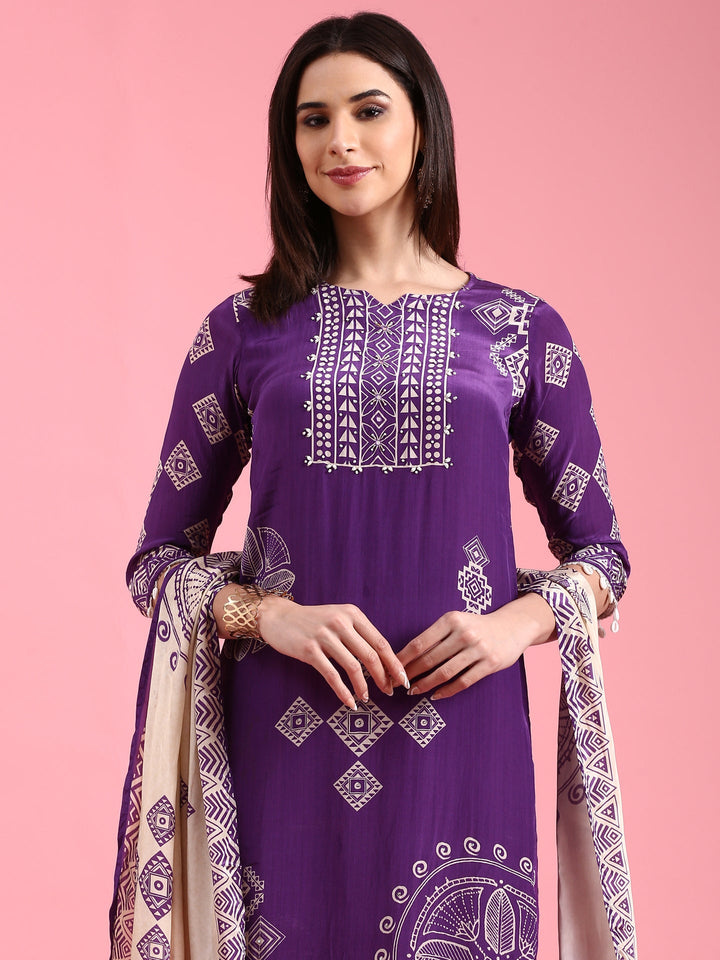 Purple Crepe Printed Three Piece Suit Set