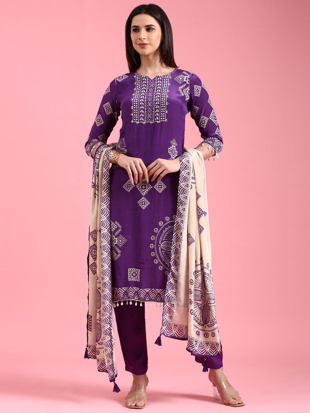 Neerus Purple crepe printed suit set - front view