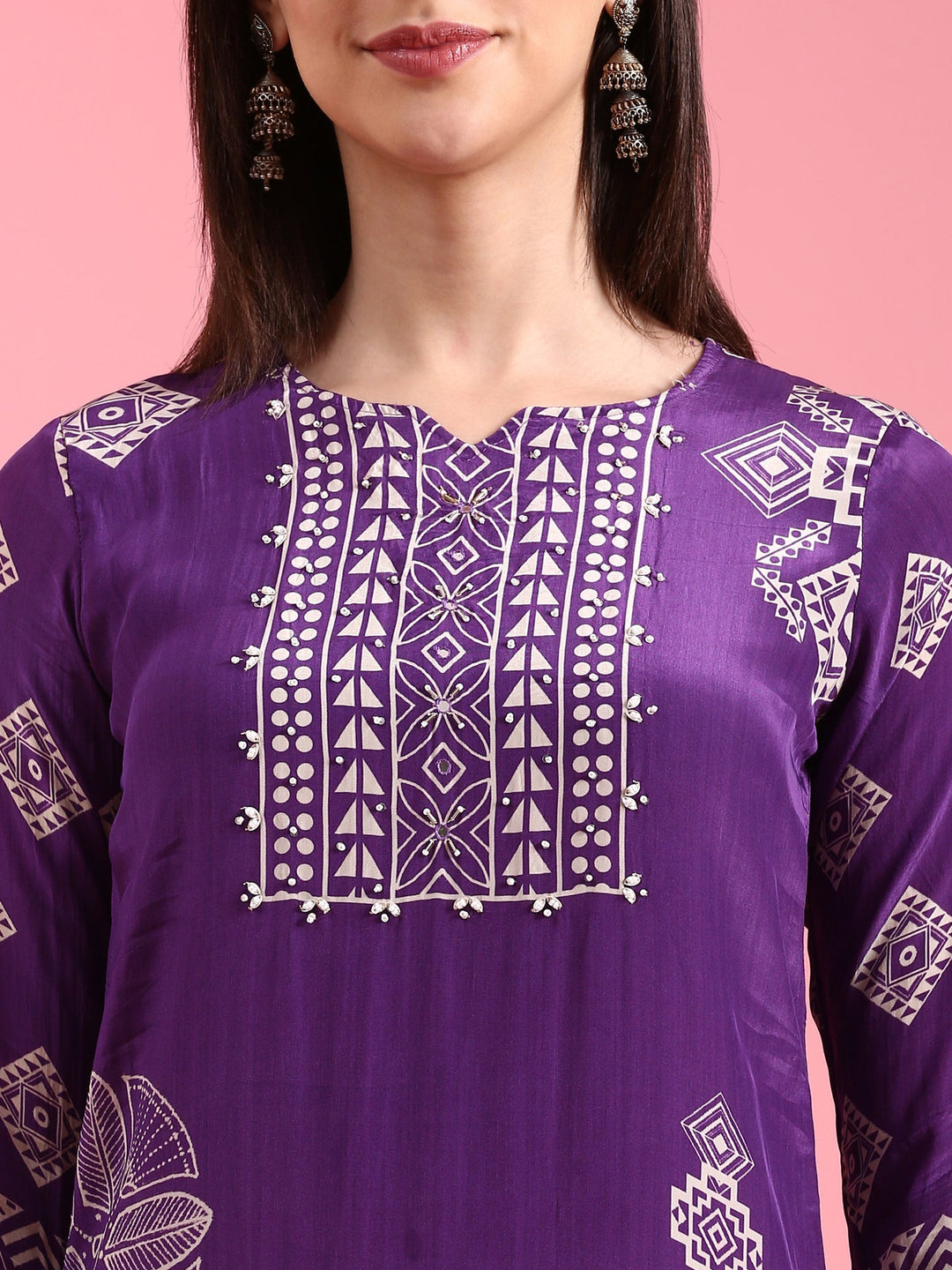 Neerus Purple crepe printed suit set - detail view 1