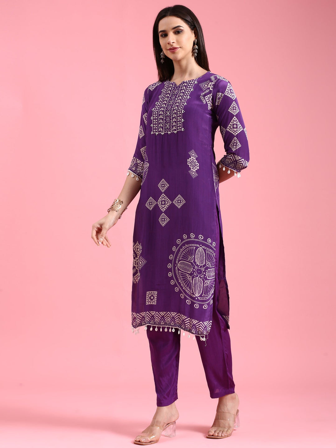 Neerus Purple crepe printed suit set - back view