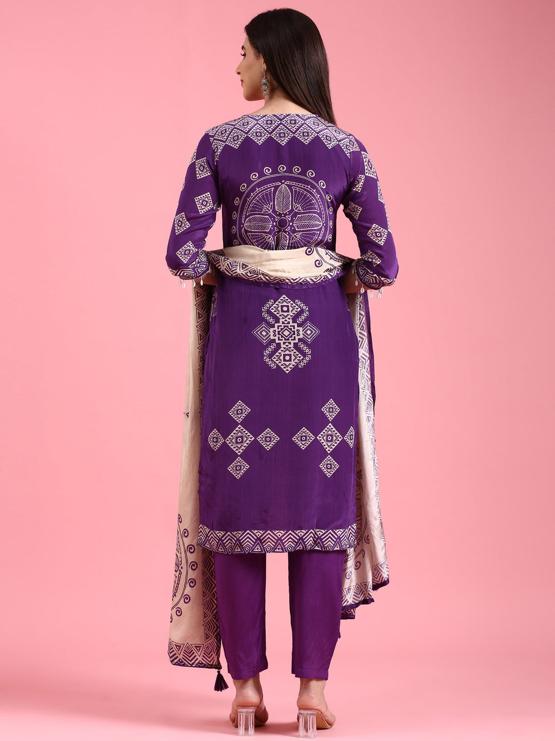 Neerus Purple crepe printed suit set - side view
