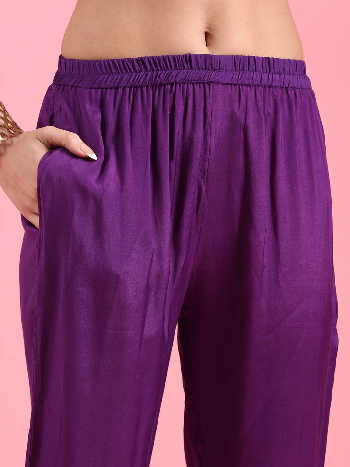 Purple Crepe Printed Three Piece Suit Set