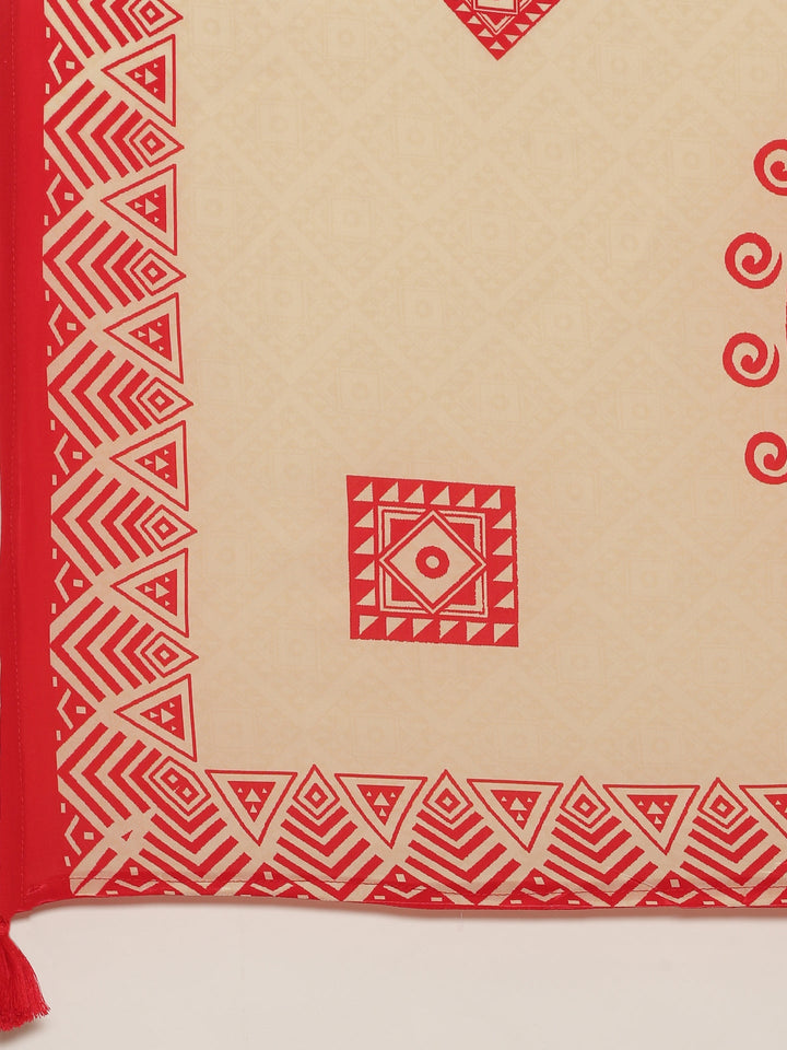 Red Crepe Printed Three Piece Suit Set