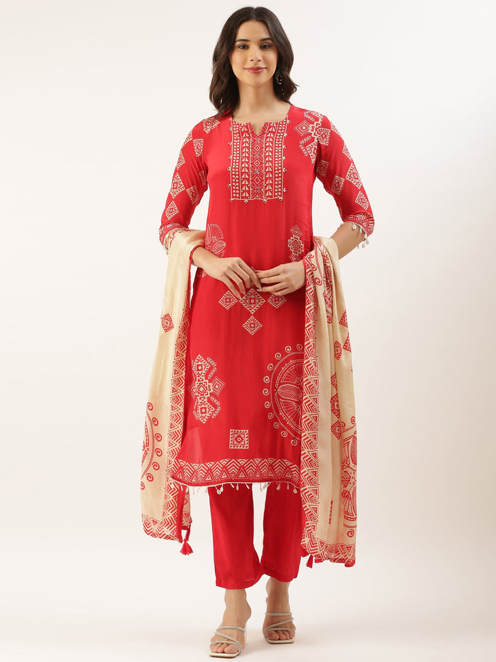 Red Crepe Printed Three Piece Suit Set