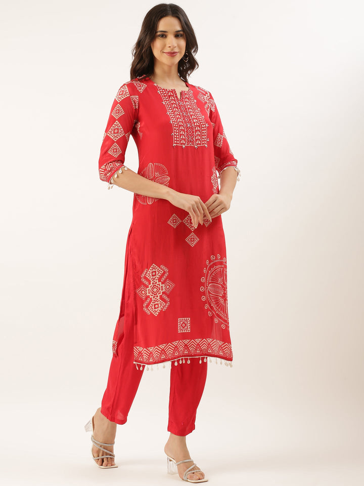 Red Crepe Printed Three Piece Suit Set