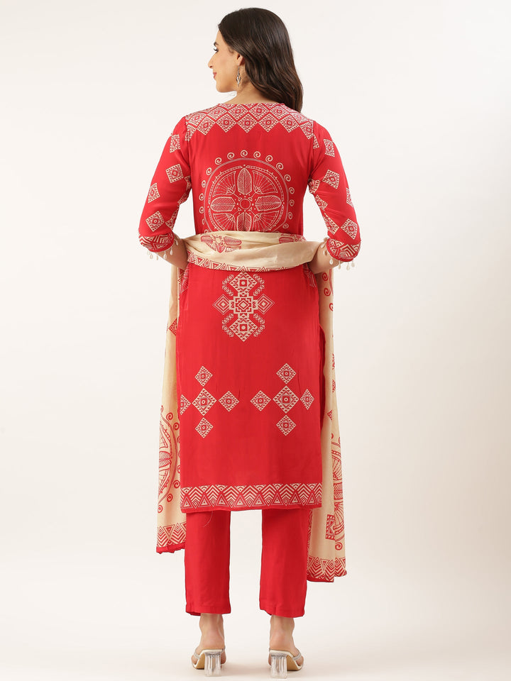 Red Crepe Printed Three Piece Suit Set