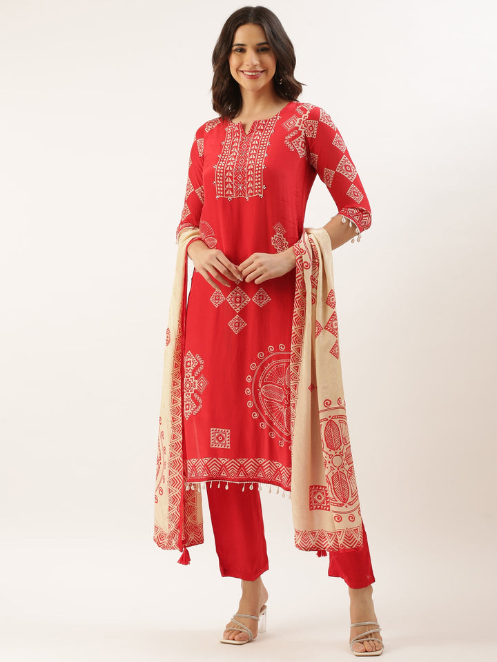 Red Crepe Printed Three Piece Suit Set