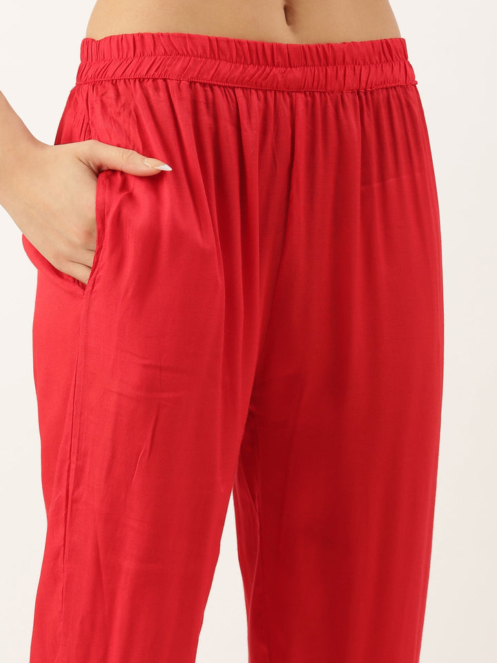 Red Crepe Printed Three Piece Suit Set