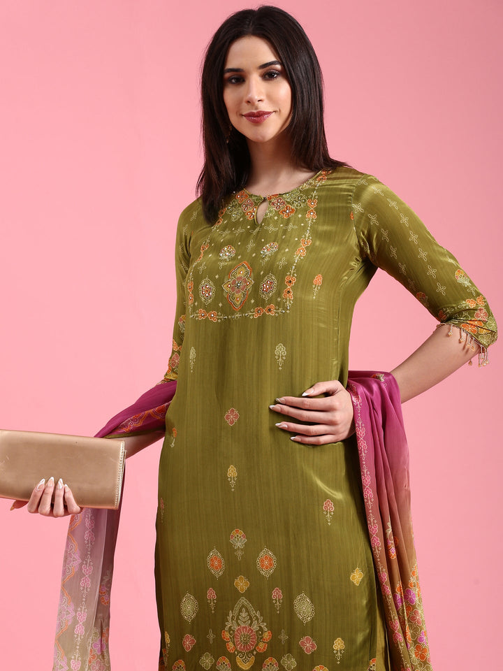 Green Crepe Printed Three Piece Suit Set