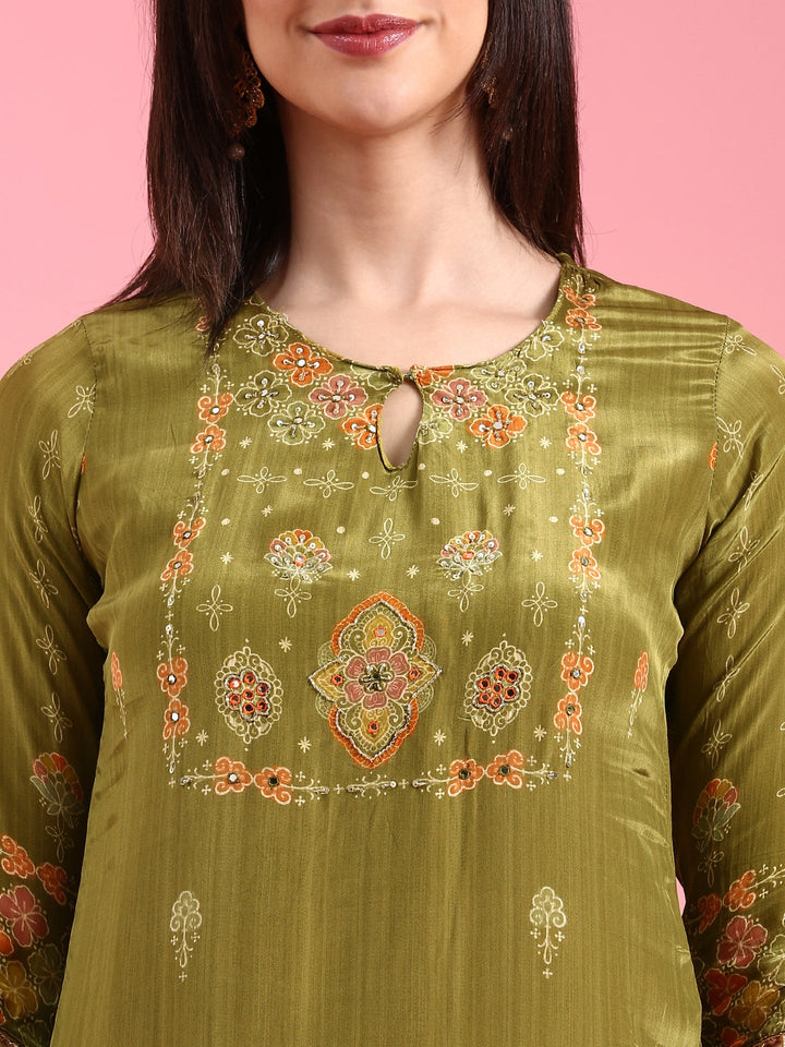 Green Crepe Printed Three Piece Suit Set