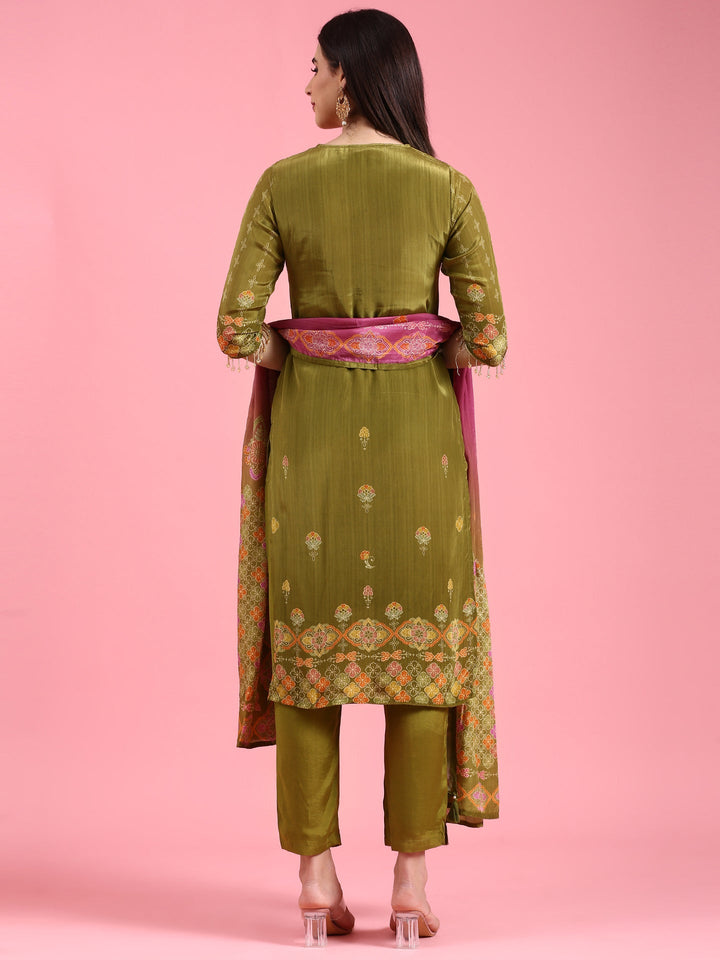 Green Crepe Printed Three Piece Suit Set