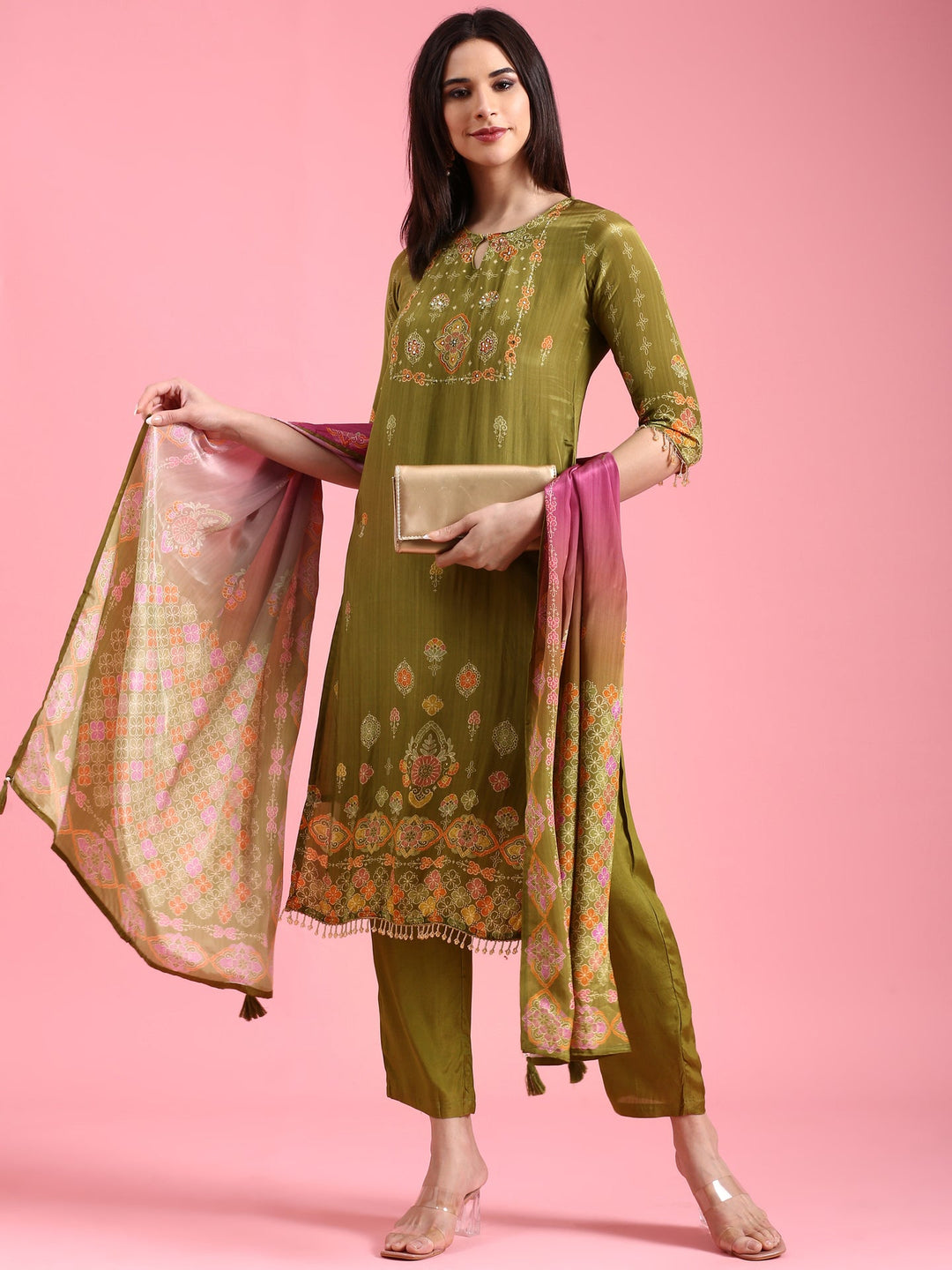 Neerus Green crepe printed suit set - front view