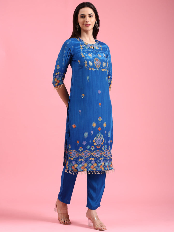 Royal Blue Crepe Printed Three Piece Suit Set