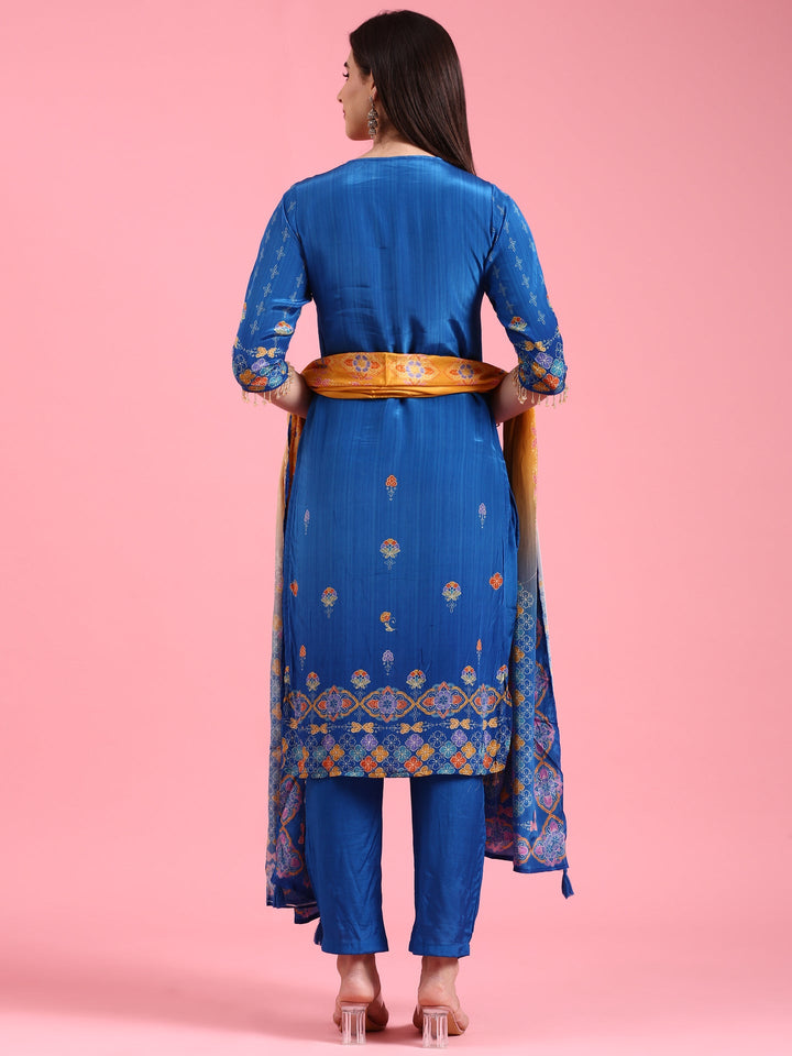 Royal Blue Crepe Printed Three Piece Suit Set