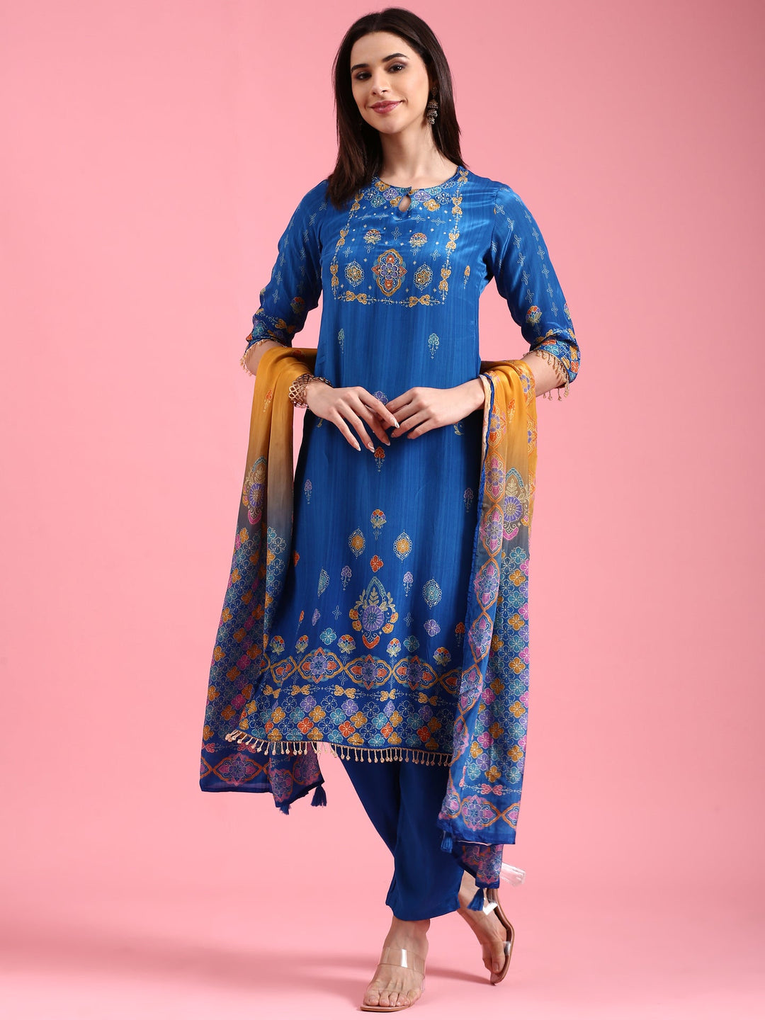 Neerus Blue crepe printed suit set - front view