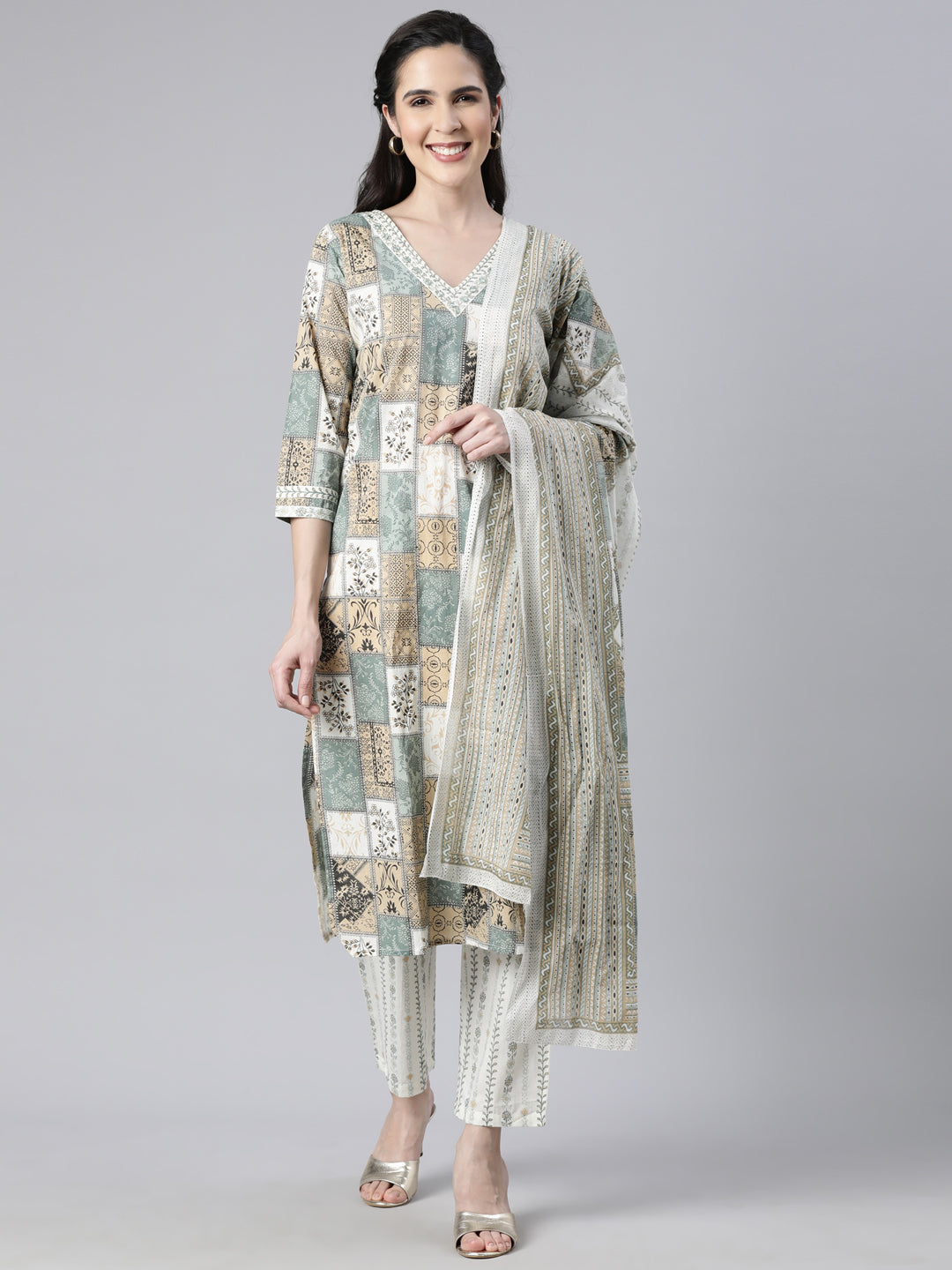 Neerus Beige panelled straight suit set colourblocked - front view