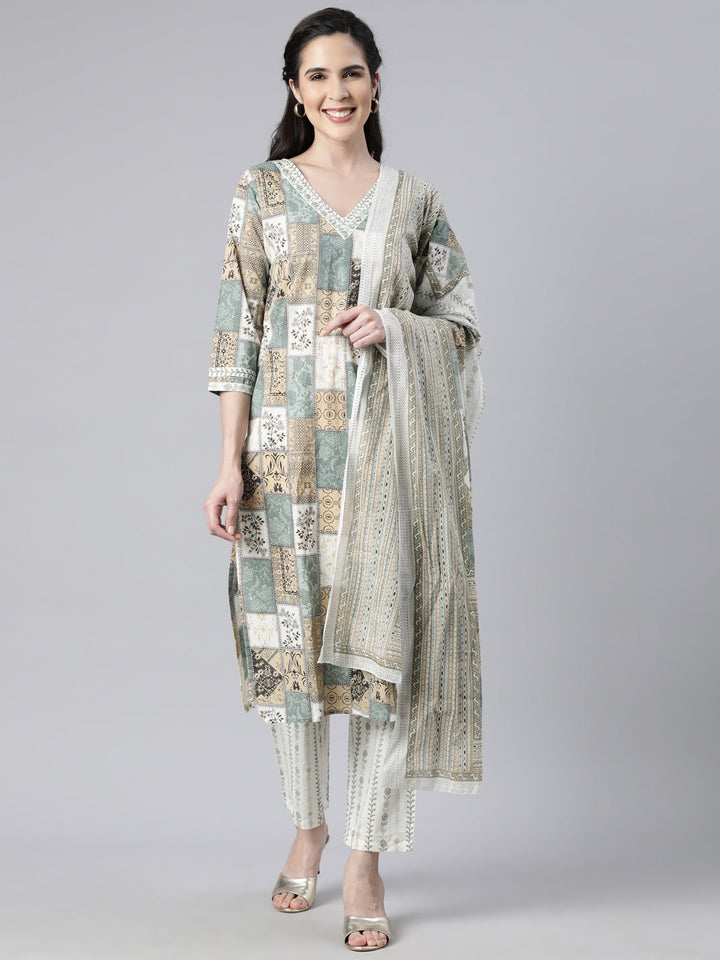 Neerus Beige panelled straight suit set colourblocked - front view