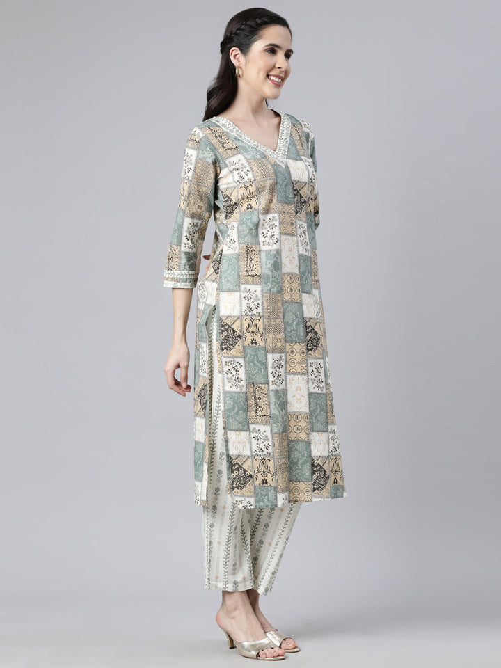 Neerus Beige panelled straight suit set colourblocked - back view