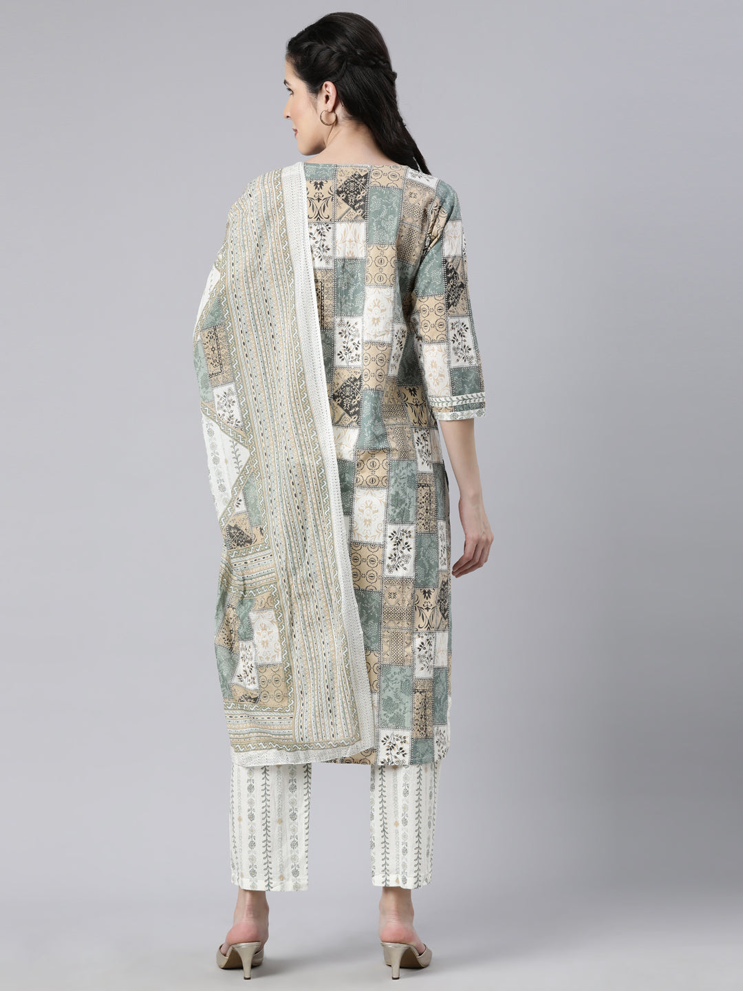 Neerus Beige panelled straight suit set colourblocked - side view