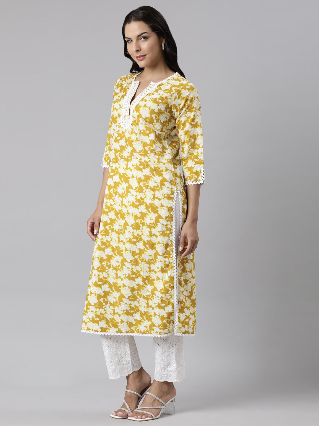 Neerus Yellow cotton printed suit set - back view