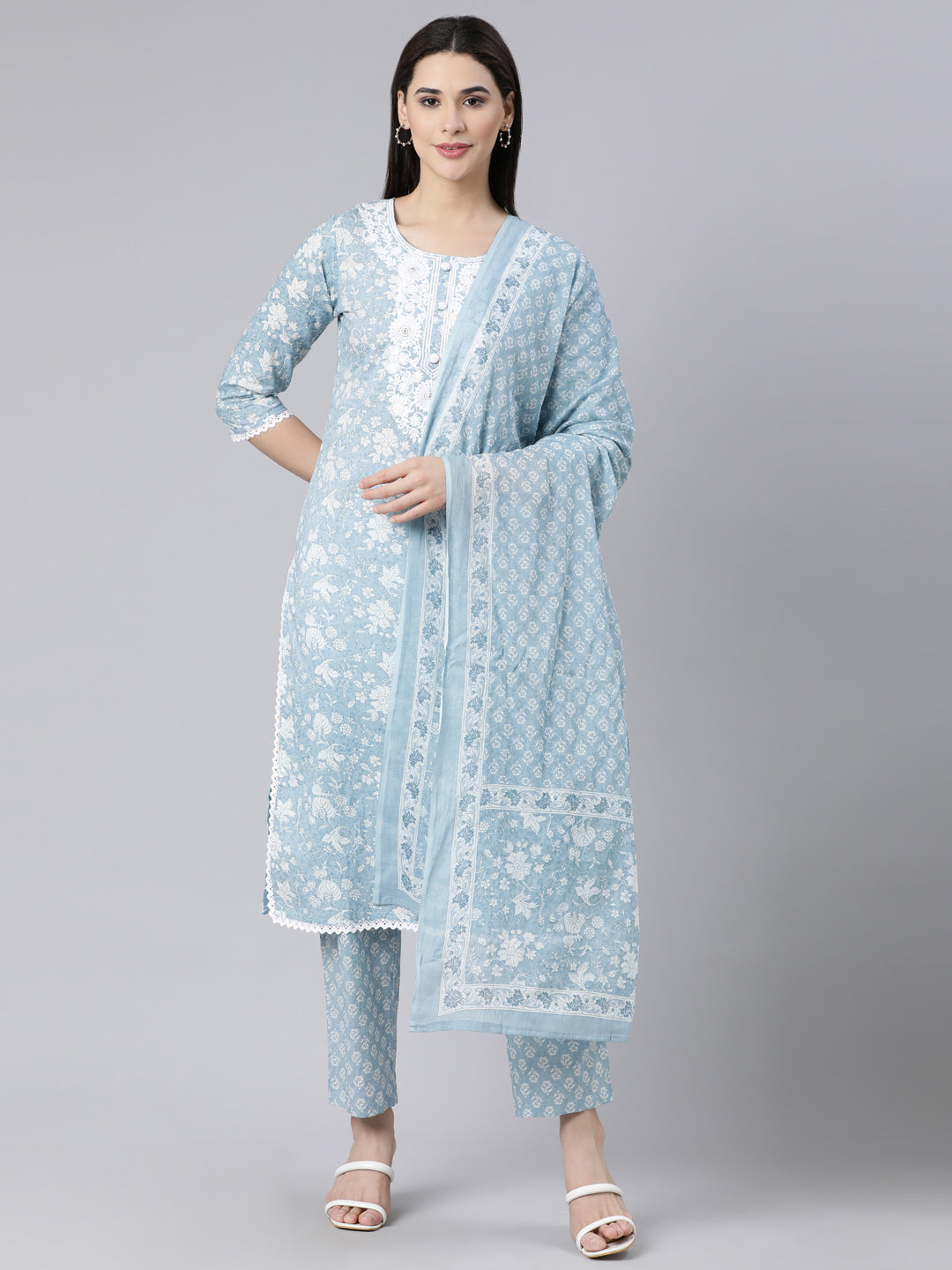 Neerus Blue cotton printed straight suit set - front view