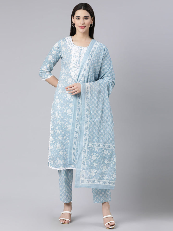 Neerus Blue cotton printed straight suit set - front view