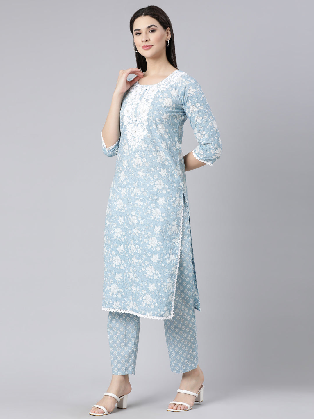 Neerus Blue cotton printed straight suit set - back view