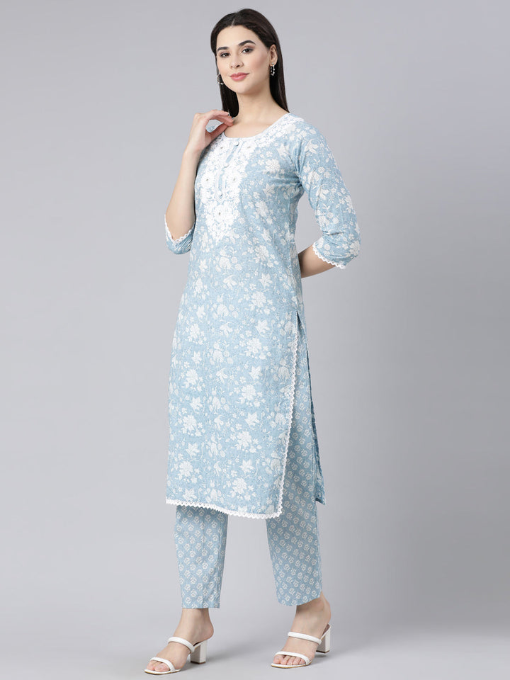 Neerus Blue cotton printed straight suit set - back view