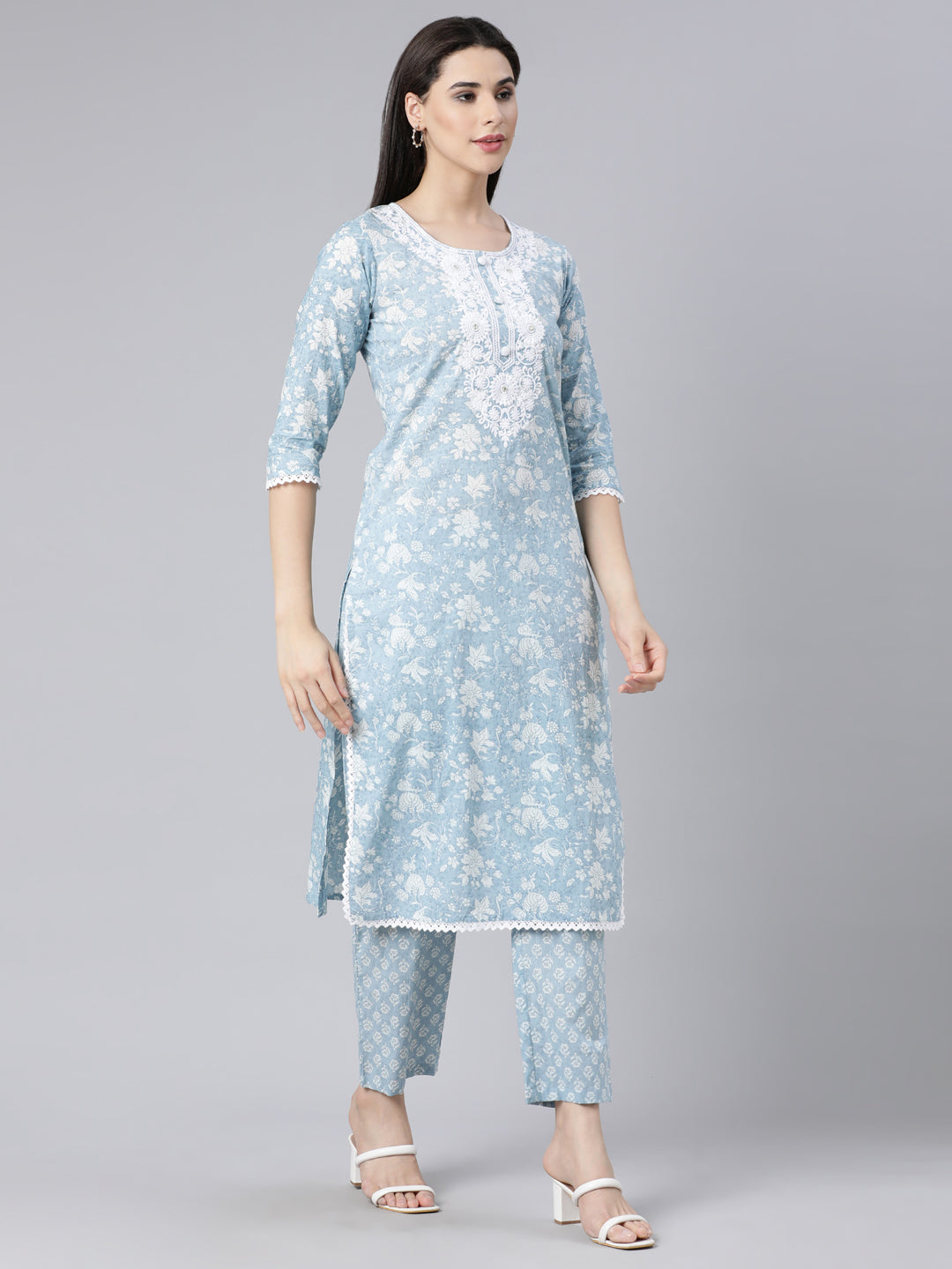 Neerus Blue cotton printed straight suit set - side view