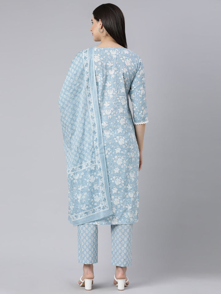 Neerus Blue cotton printed straight suit set - detail view 1