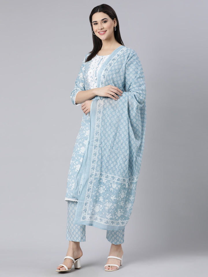 Neerus Blue cotton printed straight suit set - detail view 3