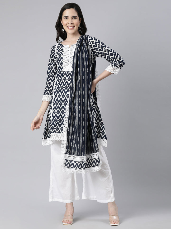 Neerus Black Regular Straight Chevron Kurti And  Palazzos With Dupatta