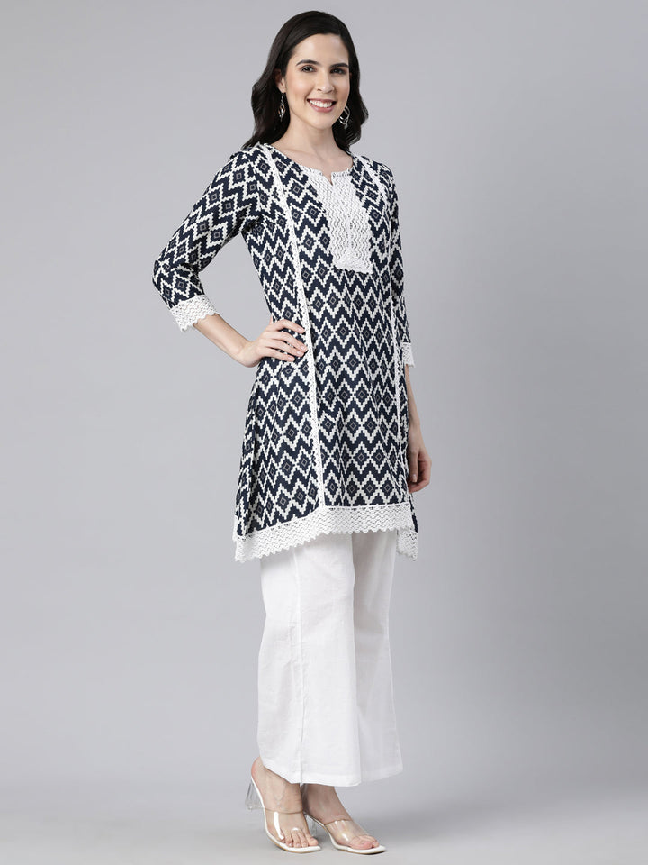Neerus Black Regular Straight Chevron Kurti And  Palazzos With Dupatta