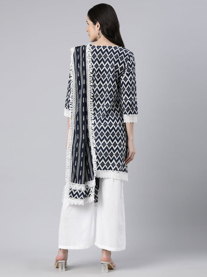 Neerus Black Regular Straight Chevron Kurti And  Palazzos With Dupatta