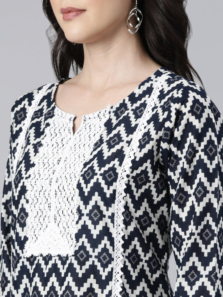 Neerus Black Regular Straight Chevron Kurti And  Palazzos With Dupatta