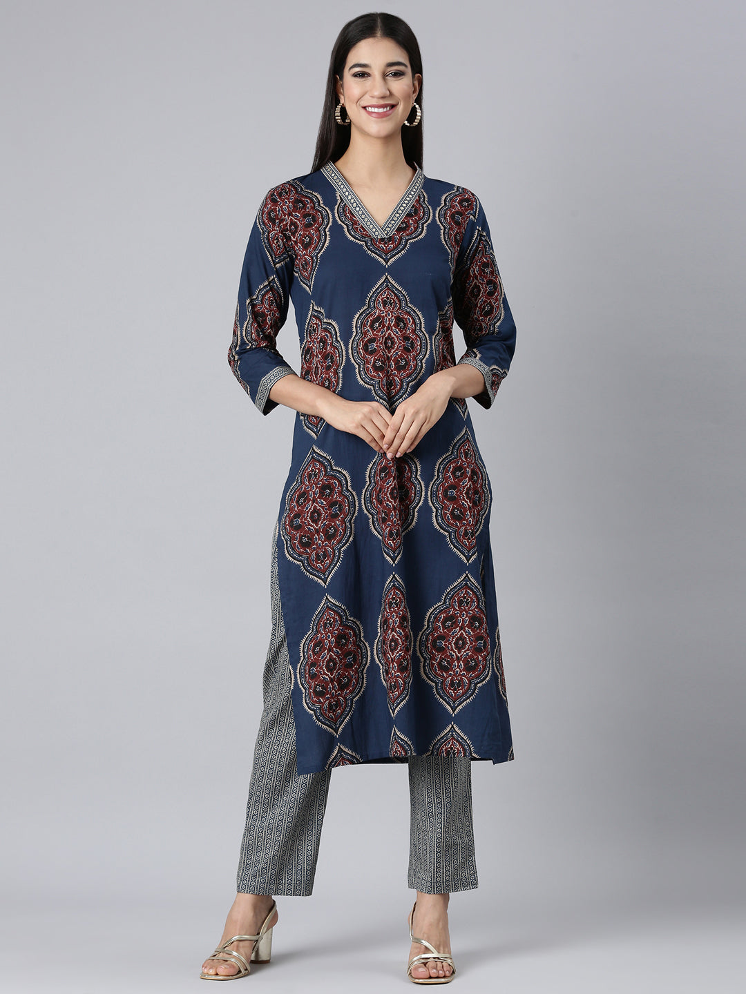 Neerus Blue cotton printed straight suit set - front view