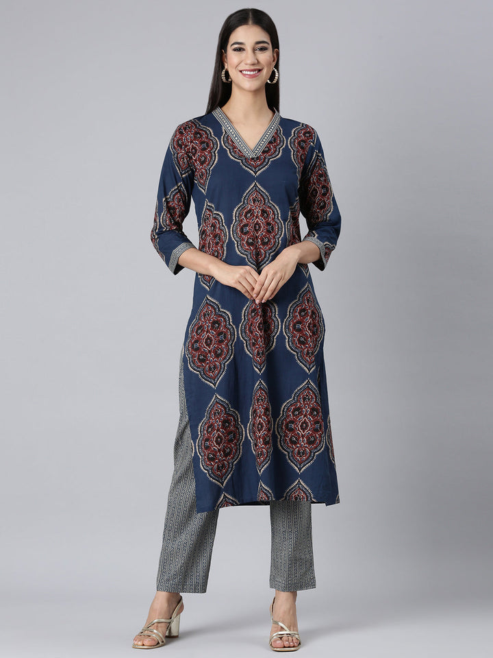 Neerus Blue cotton printed straight suit set - front view
