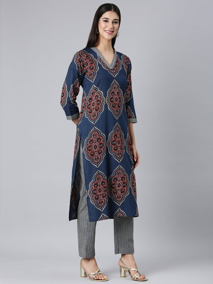 Neerus Blue cotton printed straight suit set - back view