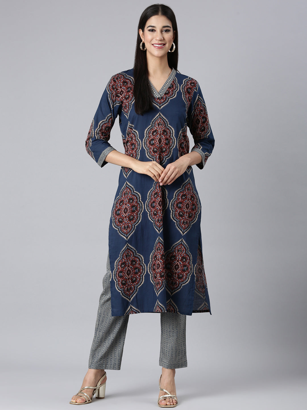 Neerus Blue cotton printed straight suit set - detail view 2