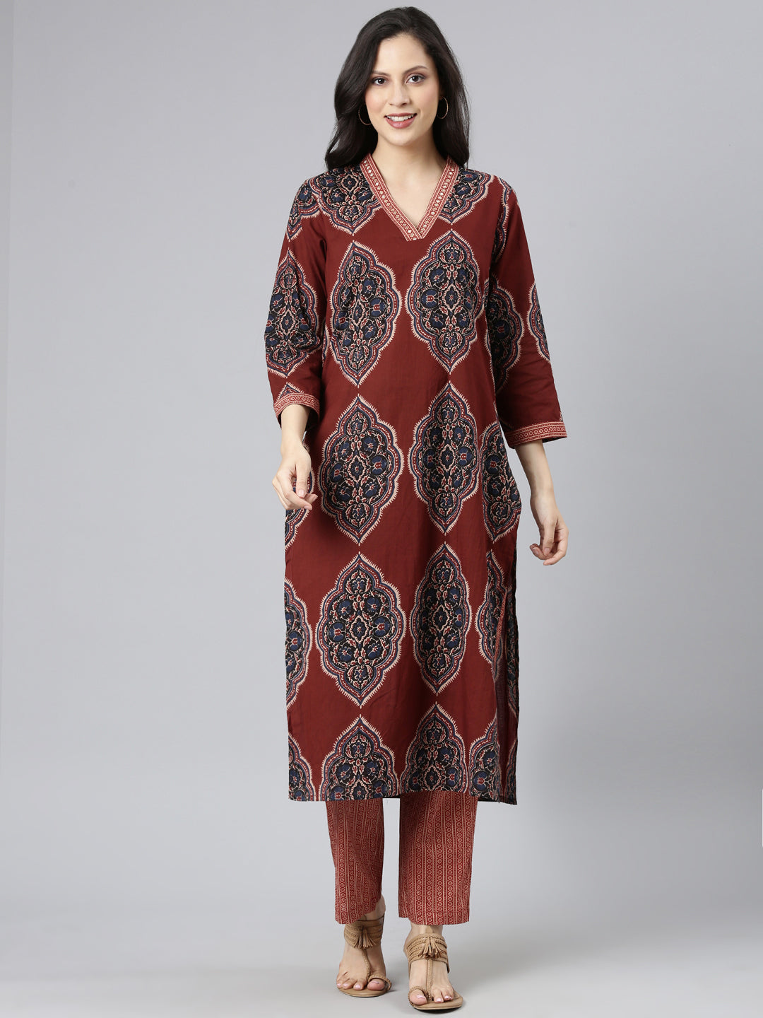 Neerus Maroon cotton printed straight suit set - front view