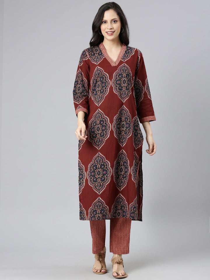 Neerus Maroon cotton printed straight suit set - front view