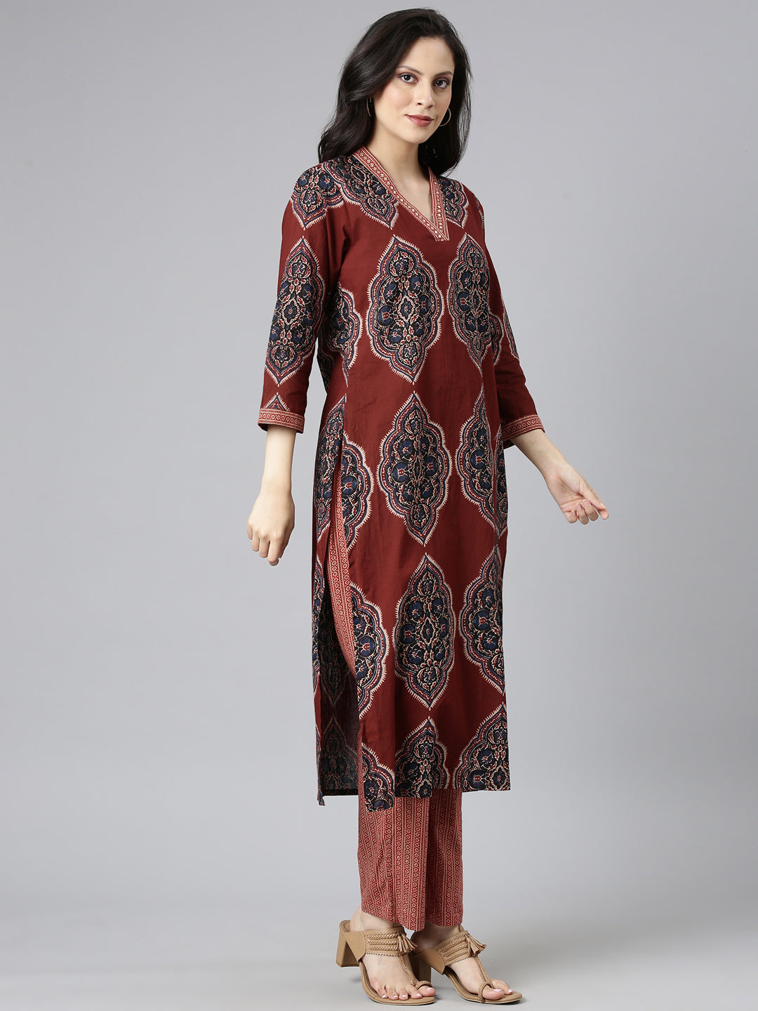 Neerus Maroon cotton printed straight suit set - back view
