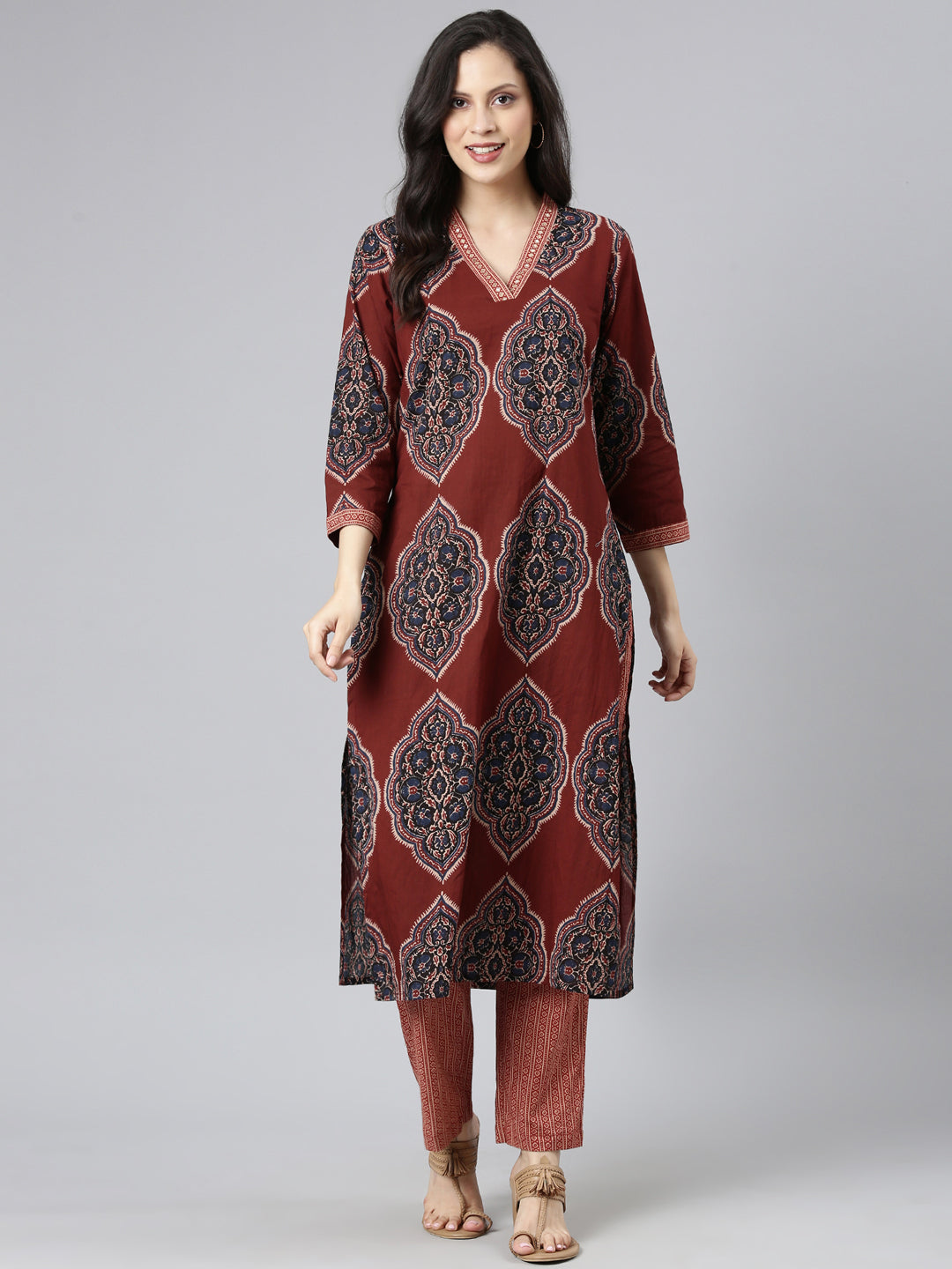 Neerus Maroon cotton printed straight suit set - detail view 2