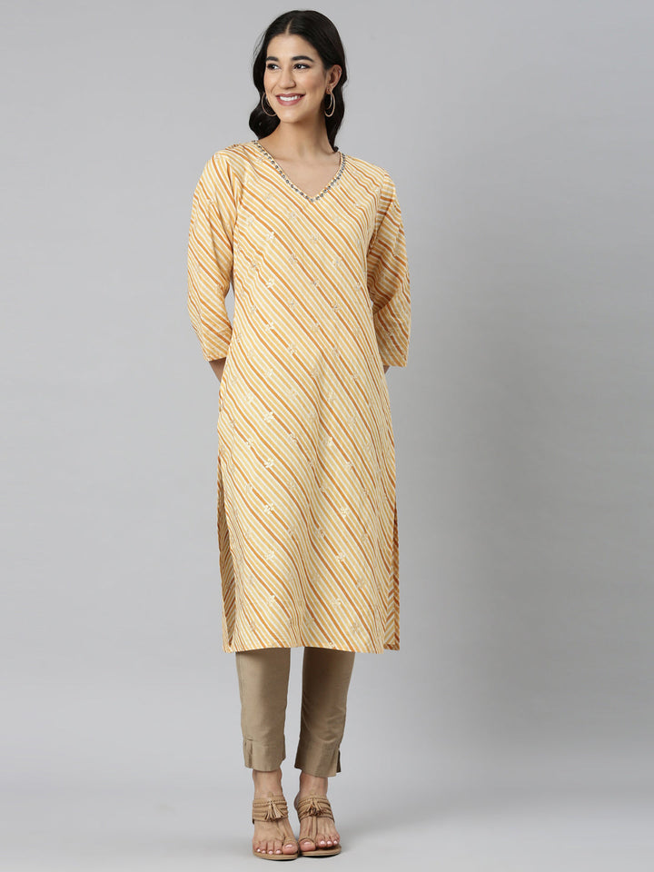 Neerus Yellow Casual Striped Straight Kurtas