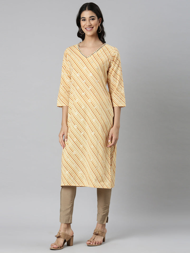Neerus Yellow Casual Striped Straight Kurtas