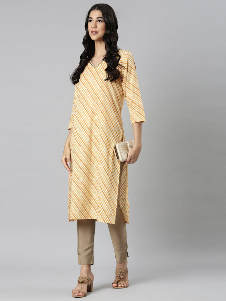 Neerus Yellow Casual Striped Straight Kurtas